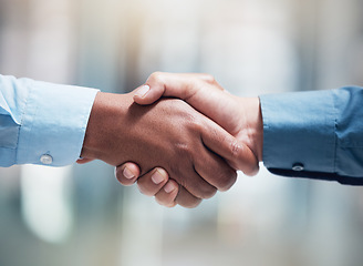Image showing Thank you, businesspeople shaking hands and at office of their workplace together. Partnership or agreement, crm or interview and professional people with a handshake for greeting at their work