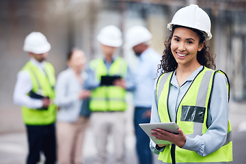 Image showing Business woman, architect and tablet in project management or leadership for construction on site. Portrait of female person, engineer or manager with technology and team for industrial architecture