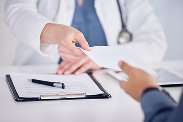 Image showing Doctor, hands and customer with documents for prescription or healthcare consultation on office desk. Hand of medical professional giving doctors note to patient in consult or diagnosis at the clinic