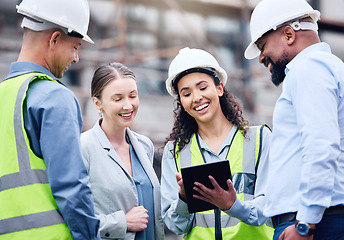 Image showing Construction, building and group with architect on tablet, project blueprint or engineering planning for work site. People, teamwork and engineer with technology, strategy or idea for contractor