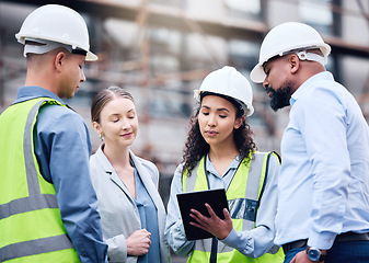 Image showing Building, construction and group with architect on tablet, project blueprint or engineering planning for work site. People, teamwork and engineer with technology, strategy or idea for contractor