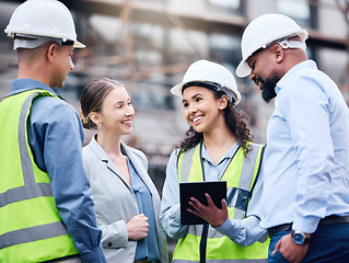 Image showing Architect, construction and group working on tablet, project blueprint or engineering planning for work site. People, teamwork and engineer with technology, strategy or idea for building contractor