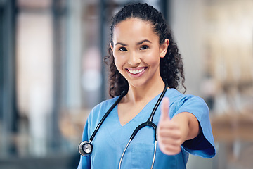 Image showing Happy woman, doctor and portrait with thumbs up for healthcare, winning or success at the hospital. Female person or medical professional with thumb emoji, yes sign or like for goals at the clinic