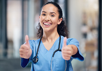 Image showing Happy woman, doctor and portrait smile with thumbs up for healthcare, winning or success at the hospital. Female person or medical professional with thumb emoji, yes sign or like for goals at clinic