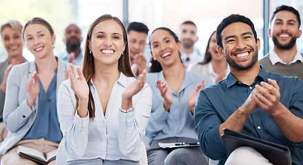 Image showing Applause, happy and business people as an audience at a seminar with support or motivation. Smile, team and employees clapping hands for success, agreement or celebration at a workshop or conference