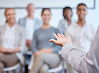 Image showing Presentation, woman and speaker hand with audience at seminar or conference with meeting and training. Business people, corporate workshop and learning, professional group and team with presenter