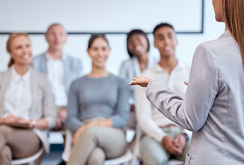 Image showing Presentation, woman speaker and audience at seminar or conference with meeting and training at company. Business people, corporate workshop and learning, professional group and team with presenter