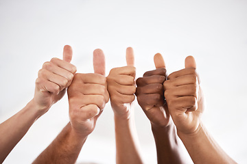 Image showing Success, winning or hands of people with a thumbs up for teamwork, support or motivation. Diversity, business and employees with a gesture together for thank you, collaboration or celebration