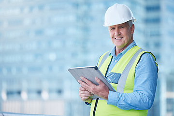 Image showing Portrait, engineer and man with a tablet, outdoor or construction with architecture, smile or website information. Face, mature male person or handyman with technology, project management or research