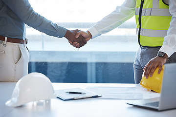 Image showing Planning handshake, meeting and builders with a deal for a maintenance contract or agreement. Thank you, support and an architect and builder shaking hands for contractor support and partnership