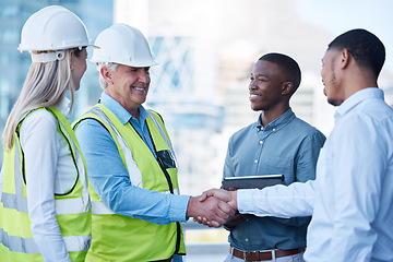 Image showing Building deal, happy and people with handshake on site for construction job, logistics and meeting. B2b, support and engineers shaking hands with a black man for a maintenance or inspection contract