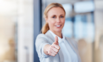 Image showing Business woman, hand and thumbs up for winning, success or thank you and good job at office. Happy female person, CEO or employee showing thumb emoji, yes sign or like for win, goals or motivation