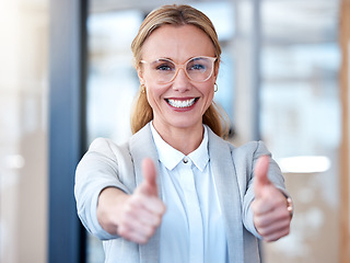 Image showing Business woman, portrait smile and thumbs up for thank you, success or winning at the office. Happy female person, CEO or employee with thumb emoji, yes sign or like for win, goals or motivation