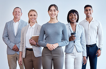 Image showing Leadership, happy and portrait of business people in an office for corporate work and solidarity. Smile, together and diversity at a legal company with lawyers and a manager with support for team