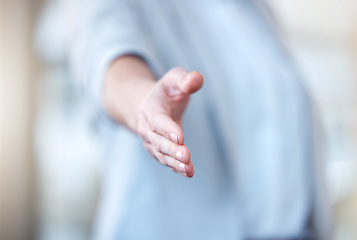 Image showing Business woman, handshake and meeting for deal, b2b agreement or hiring in recruitment at the office. Hand of female employee shaking hands for introduction, welcome or recruiting at the workplace