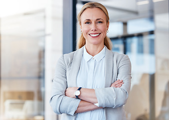 Image showing Happy, arms crossed and portrait of business woman in office for professional, confident and mindset. Happiness, pride and corporate with Switzerland employee for career, mockup space and natural