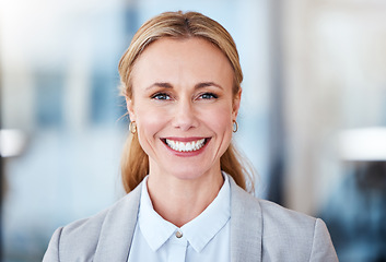 Image showing Happy, smile and portrait of business woman in office for professional, confident and mindset. Happiness, pride and corporate with face of Switzerland employee for career, mockup space and natural