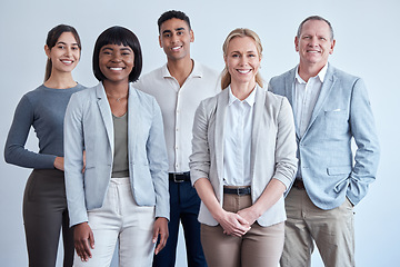 Image showing Happy, company diversity and portrait of business people in a legal office for work. Smile, corporate and lawyers on a wall for agency profile, about us or solidarity in the workplace together