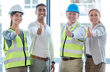 Image showing Thumbs up, engineering and portrait of people for success, thank you and construction worker like, yes or okay sign. Happy face, architecture and women, men or team good job, support and thanks hands