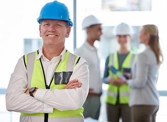 Image showing Architecture, man portrait and arms crossed for planning, team leadership or project management. Engineering, construction and happy face of senior person, contractor or manager with career mindset