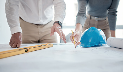 Image showing Planning, architecture and people with floor plan, sketch and drawing for construction, development and teamwork. Team, partner or business man and woman hands with blueprint for engineering design