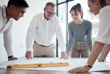 Image showing Planning, floor plan and business people in office meeting, teamwork and construction, happy design or engineering. Paper, blueprint and manager, women and men talking ideas of sketch in architecture