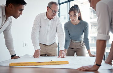 Image showing Planning, blueprint and business people in office meeting, teamwork and construction worker design or engineering. Paper, floor plan and focus of manager, women and men with sketch for architecture