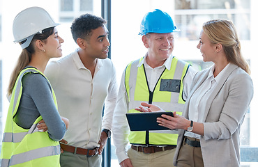 Image showing Tablet, engineering and group of people talking, planning and project management, design meeting or development. Architecture, teamwork and leader, women and men with digital or paperless floor plan