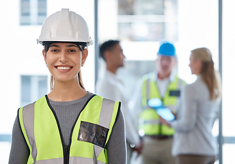 Image showing Engineering, happy woman and portrait for team planning, leadership and project management in office. Architecture, construction worker and face of young person or contractor with industry mindset