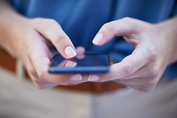 Image showing Hands, phone and contact with a woman typing a text message closeup on a blurred background. Mobile, communication and social media with a female person reading a text or networking alone outdoor