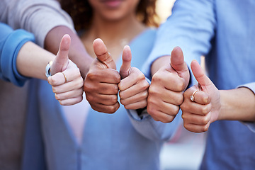 Image showing Hands, thumbs up and team building with business people in agreement, unity or solidarity together outdoor. Thank you, motivation and support with a group of colleagues or employees standing outside