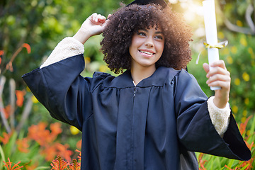 Image showing Graduation, achievement and woman student or graduate celebrate success on university or college campus. Happy, happiness and person with a certificate, scholarship or diploma from education event