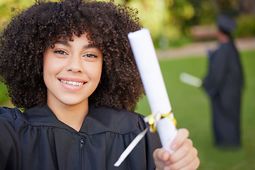 Image showing Graduation, selfie and portrait of woman student or graduate celebrate achievement on university or college campus. Happy, happiness and person with certificate, scholarship or diploma from education