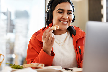 Image showing Happy woman, student and eating by laptop while studying or streaming entertainment at home. Female person with smile on computer for food, study or elearning subscription in remote work at the house