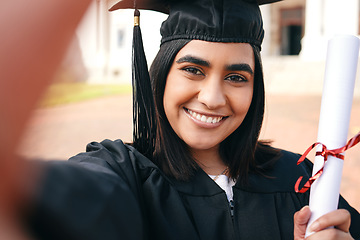 Image showing Certificate, selfie and portrait of a woman graduate with success or achievement on college or university campus. Graduation, happy and young person or student with a diploma in education scholarship