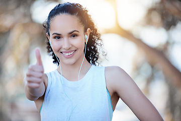 Image showing Happy woman, fitness and portrait smile with thumbs up for winning, success or workout in nature. Fit, active or sporty female person or runner smiling with thumb emoji, yes sign or like for exercise