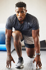 Image showing Fitness, exercise and black man in a gym, training and workout goal with wellness, health and breathing. Male person, guy or athlete in a recreation center, sports and commitment with a challenge