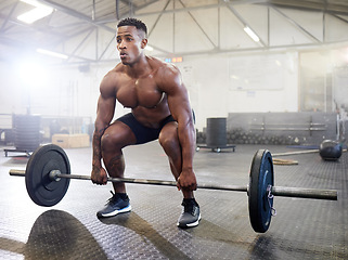 Image showing Fitness, muscle and black man with a barbell, training and exercise with strength, wellness and health. Male person, body builder and athlete with gym equipment, strong and workout goal with progress