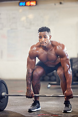 Image showing Black man, fitness and bodybuilder weightlifting for workout, exercise or training at the gym. African male person or muscular bodybuilding lifting barbell for strength sports or intense exercising