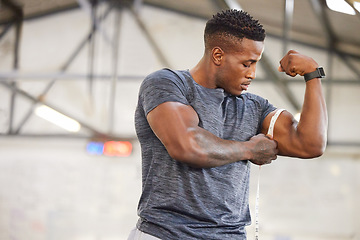 Image showing Black man, tape measure and bicep with muscle and strong athlete, weightlifting and fitness in gym. Power, challenge and arm measurement, male person with exercise and bodybuilding with mockup space