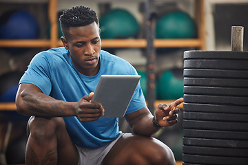 Image showing Gym inspection, exercise equipment and man with tablet,.weights for muscle training and personal trainer. Check, admin with tech gadget and African male manager at fitness studio doing inventory