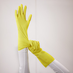 Image showing Cleaner, hands and gloves with cleaning and hygiene, safety from bacteria and germs with household disinfection. Protection, sanitize and ready to clean, person with housekeeping and maintenance