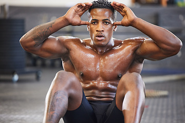 Image showing Black man in gym, sweating from sit ups for fitness and abs, exercise routine with muscle and focus. Health, active and determined with core workout, strong male person with sports and training