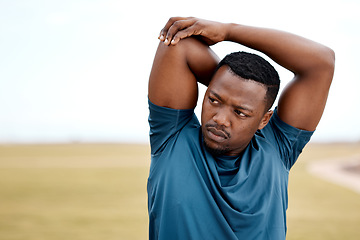 Image showing Stretching, fitness and black man in park for exercise, training and cardio workout outdoors. Sports, motivation and male person stretch arms to warm up for healthy body, wellness and performance