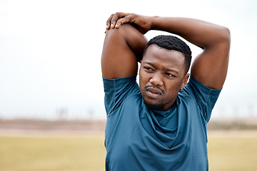 Image showing Stretching, fitness and face of black man in nature for exercise, marathon training and running. Sports, healthy body and male person stretch arms for warm up, cardio workout and start for wellness