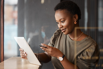 Image showing Tablet, credit card and black woman at a coffee shop with technology and ecommerce app. Online shopping, African female person and digital payment in a cafe and restaurant with tech and website deal