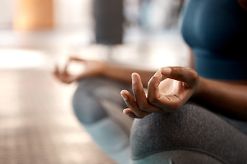 Image showing Woman, hands and yoga in meditation for zen, spiritual wellness or peaceful exercise and workout in gym. Hand of female person yogi in calm meditating, training or exercising for mind, body or spirit