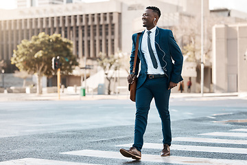 Image showing Happy businessman, walking and city to work for travel on street or pedestrian crossing outdoors. Black man on cross road, walk or traveling to business with suit and smile on asphalt in urban town