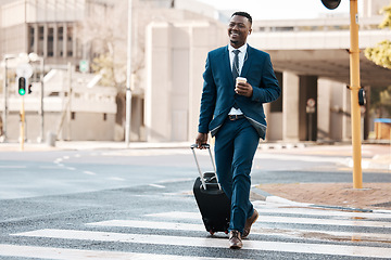 Image showing Travel, business and black man with suitcase in city for international conference, global trip and meeting. Corporate, happy and male entrepreneur with luggage for journey, commute and convention