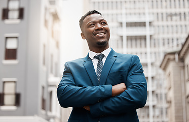 Image showing Thinking, idea and business black man in city with future goals, vision and mission for company. Ideas, success and face of male entrepreneur in town with wonder, dreaming and thoughtful mindset
